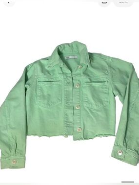 Zara Denim Cropped Jean Jacket Raw Hem pastel mint green women’s size S